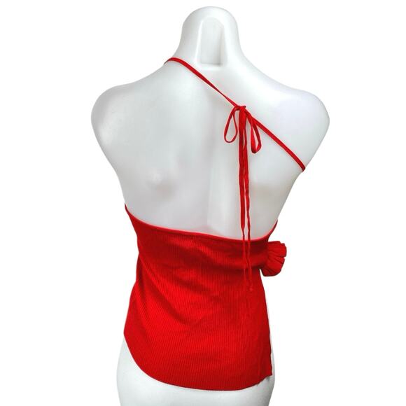 NIA Marais Red Ribbed Knit One Shoulder 3D Floral Sleeveless Cami Blouse Top M - Picture 2 of 6